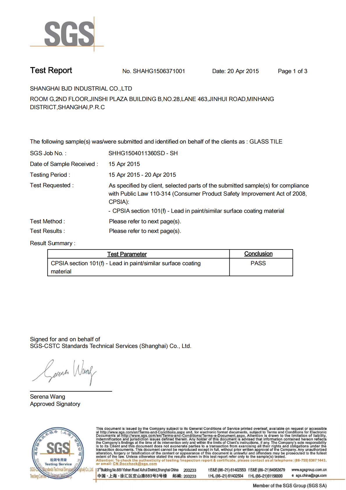 SGS Glass Tile Lead Content Test Report
